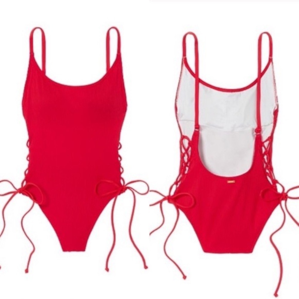 VS Pink Red Ribbed Open Back Lace-Up One Piece Size S